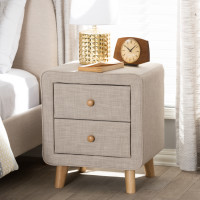 Baxton Studio BBT3140-Beige-NS-XD02 Jonesy Mid-Century Beige Linen Upholstered 2-Drawer Nightstand